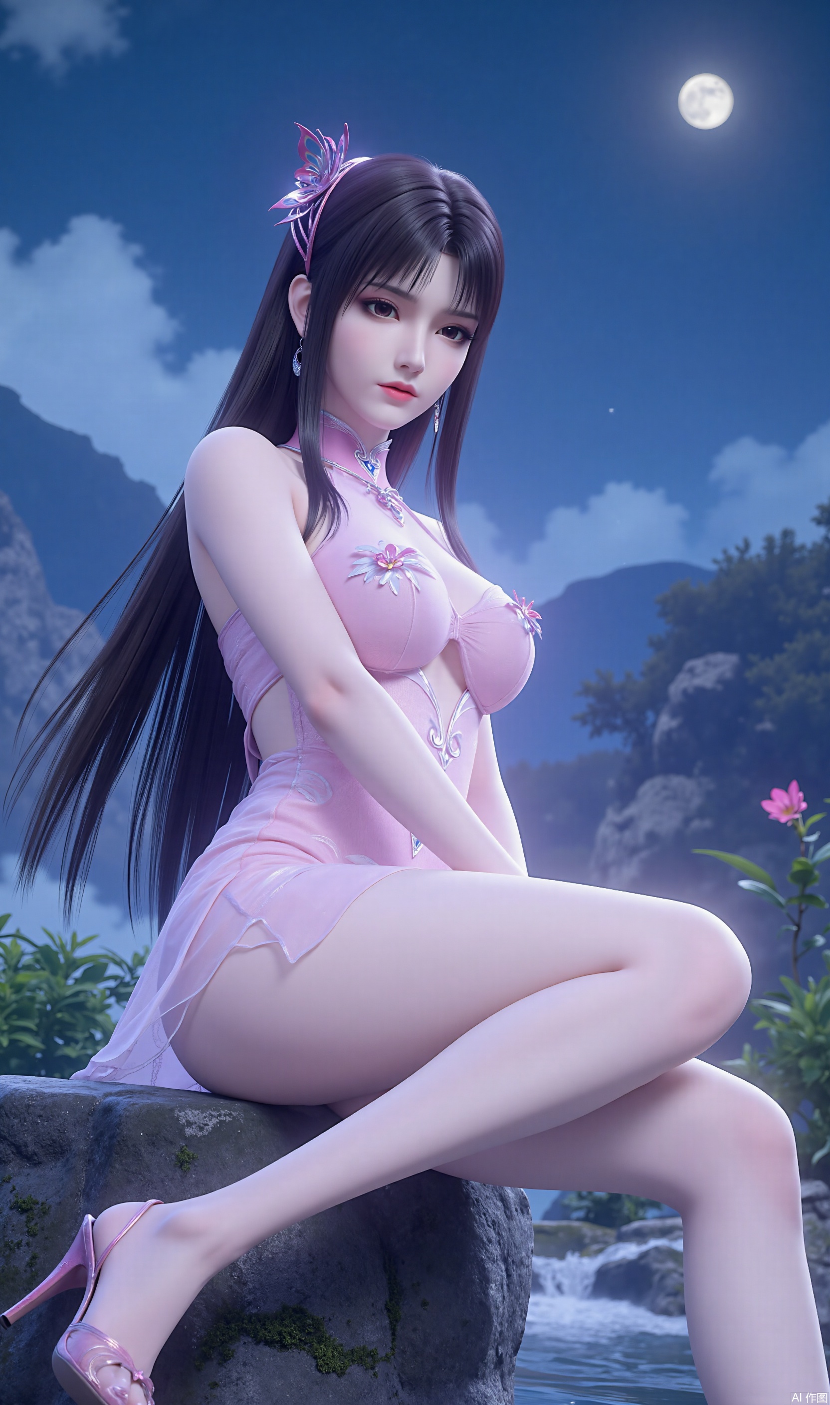 Ultra Clear, Wallpaper, 8K, Masterpiece, Masterpiece, Best Quality, High Quality, Color, Hair Accessories, Extra Long Legs , high-heeled sandals, earrings, black hair, light 1girl,solo, eyes,hair ornament,dress,sitting,full body,flower,sky,water, dress,high heels,tree,bare legs,night,moon,bug,butterfly,night sky,black hair,Tutu Aurora 8D Pantyhose,plns_high heels,embossed high heels,LS,Xhuangnv,wet pantyhose,xyx,xiaoyixian,cy,charming legs
