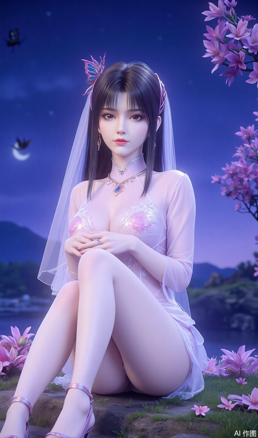 Ultra Clear, Wallpaper, 8K, Masterpiece, Masterpiece, Best Quality, High Quality, Color, Hair Accessories, Extra Long Legs , high-heeled sandals, earrings, black hair, light 1girl,solo, eyes,hair ornament,dress,sitting,full body,flower,sky,water, dress,high heels,tree,bare legs,night,moon,bug,butterfly,night sky,black hair,Tutu Aurora 8D Pantyhose,plns_high heels,embossed high heels,LS,Xhuangnv,wet pantyhose,xyx,xiaoyixian,cy,charming legs