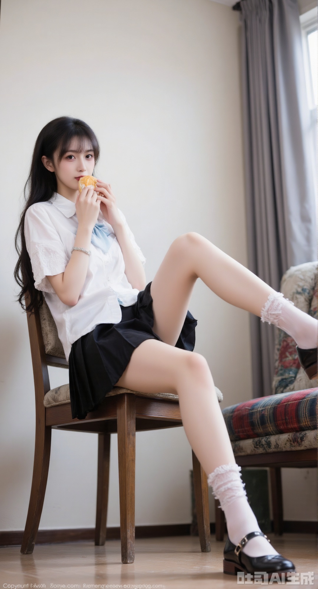 1girl, solo, long hair, looking at viewer, skirt, shirt, black hair, holding, sitting, school uniform, white shirt, short sleeves, pleated skirt, food, shoes, socks, indoors, black skirt, black footwear, bracelet, from side, tree, plaid, window, plaid skirt, chair