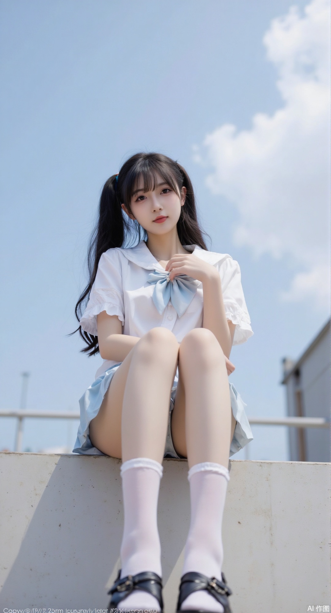 1girl, solo, long hair, skirt, shirt, black hair, twintails, sitting, school uniform, white shirt, short sleeves, pleated skirt, outdoors, sky, shoes, serafuku, day, socks, cloud, black footwear, blue sky, blue skirt, from below, looking up, white socks, realistic