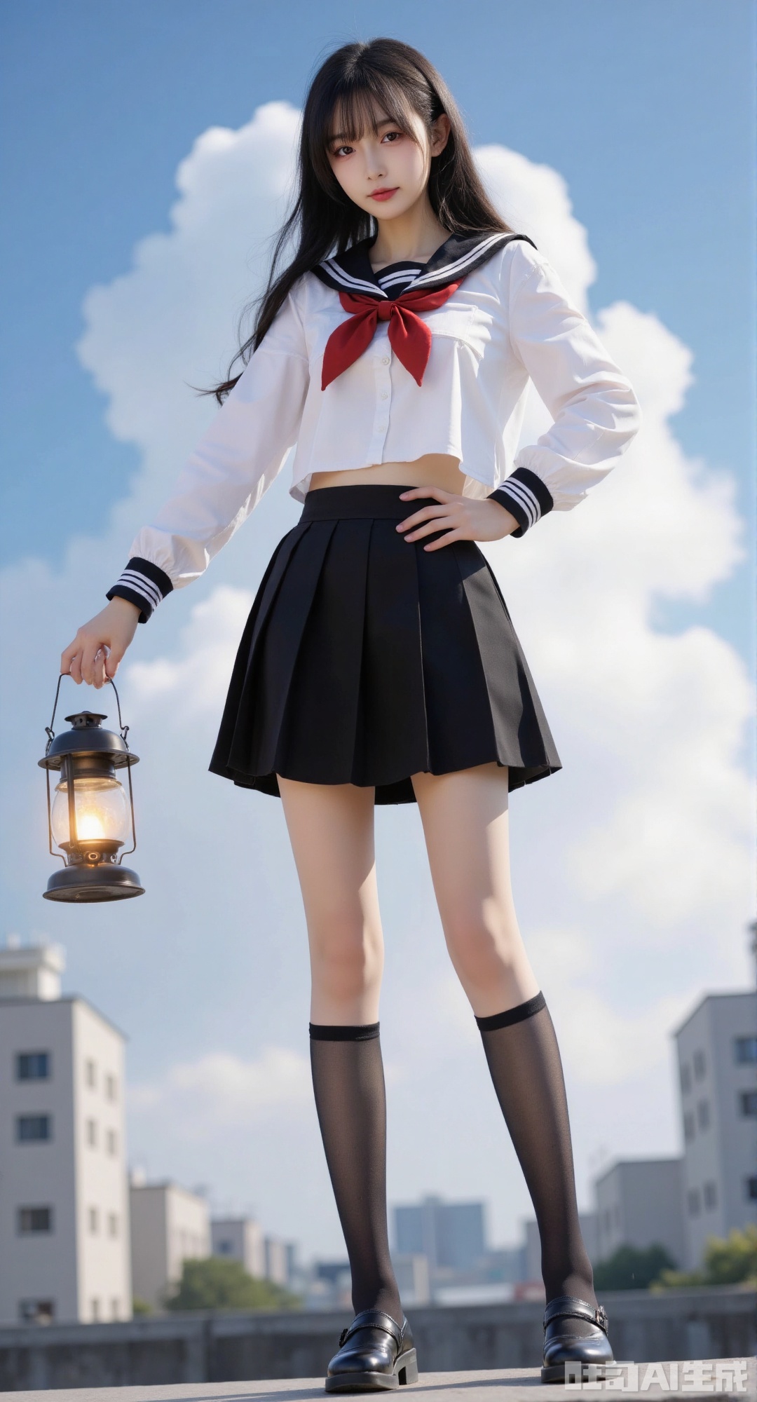 1girl, solo, long hair, skirt, shirt, black hair, long sleeves, holding, closed mouth, school uniform, standing, closed eyes, pleated skirt, outdoors, sky, serafuku, socks, cloud, black skirt, sailor collar, lips, neckerchief, kneehighs, black socks, building, red neckerchief, black serafuku, lantern, city, realistic, giantess, holding lantern