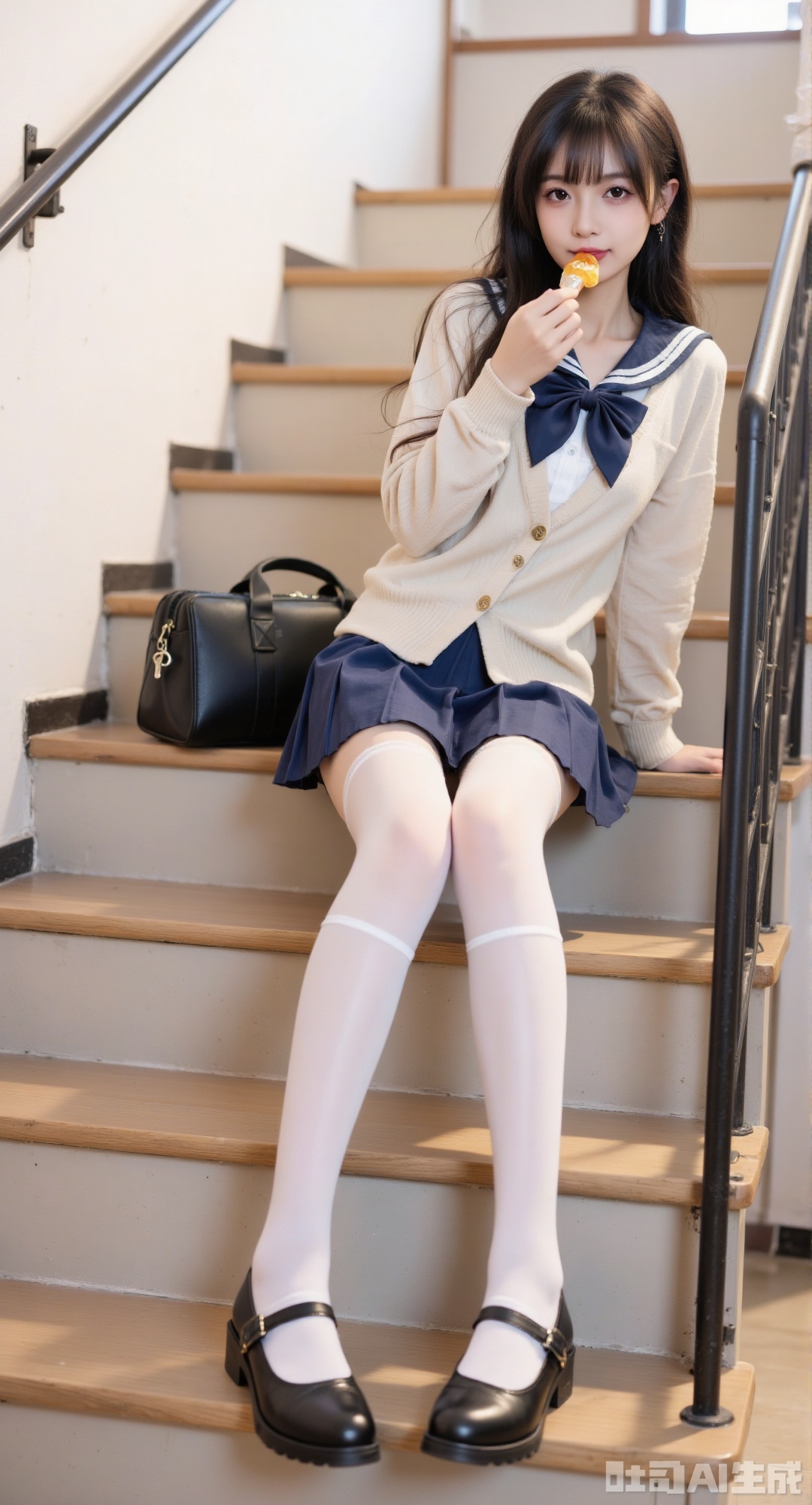 1girl, solo, long hair, looking at viewer, skirt, black hair, sitting, school uniform, pleated skirt, food, shoes, serafuku, socks, bag, black footwear, blue skirt, kneehighs, cardigan, white socks, school bag, stairs, realistic, keychain, sitting on stairs