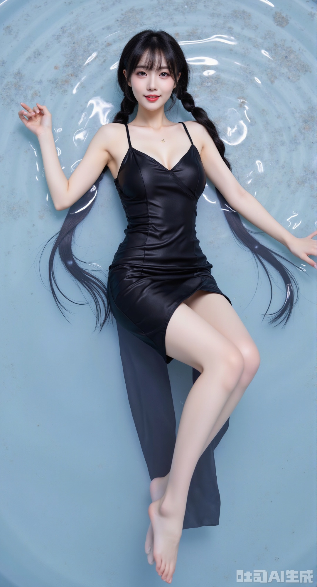 1girl, solo, black hair, dress,Two long braids. lying, spread legs, on back, black dress, chinese clothes, outstretched arms, pale skin, china dress, spread arms,cute face,smile,Stick out your tongue.Slightly written tongue.The tongue is between the teeth.White teeth.smile,Slightly spit out the tongue.Lying,Floating in the water.Colored water.