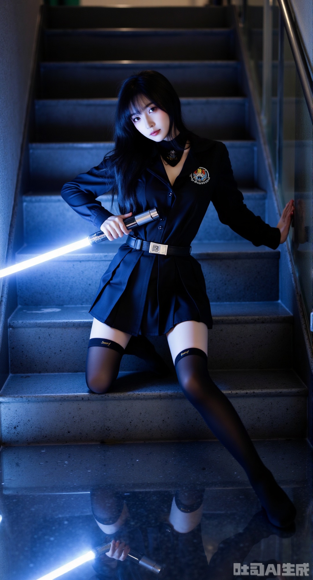 girl in black JK uniform on reflective metal stairs, holding blue lightsaber at waist (ionized mist/strong bloom), mirrored floor reflecting long legs and lightsaber, subtle glow on thigh-high socks, focus on saber and leg reflection highlights  