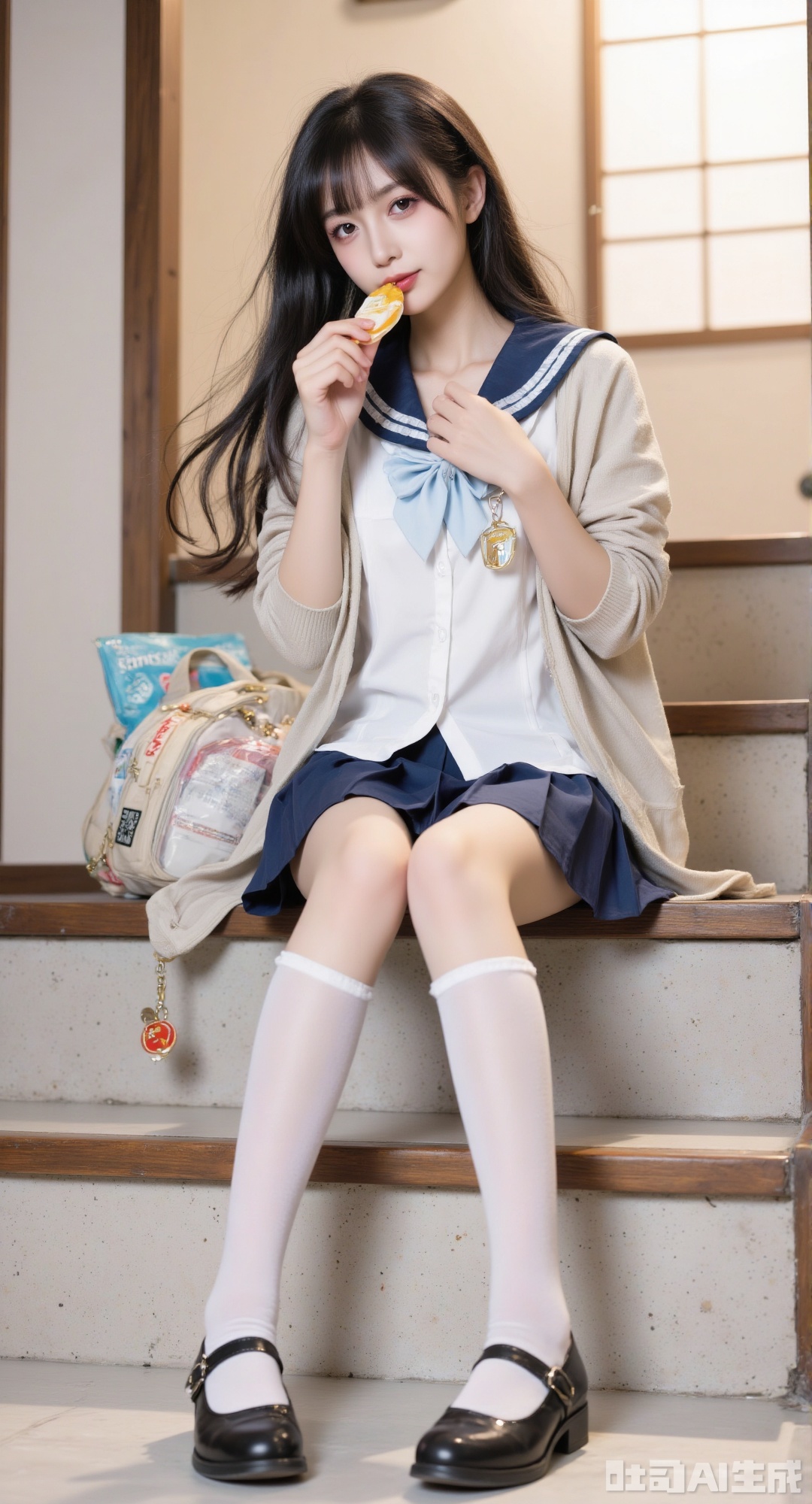 1girl, solo, long hair, looking at viewer, skirt, black hair, sitting, school uniform, pleated skirt, food, shoes, serafuku, socks, bag, black footwear, blue skirt, kneehighs, cardigan, white socks, school bag, stairs, realistic, keychain, sitting on stairs