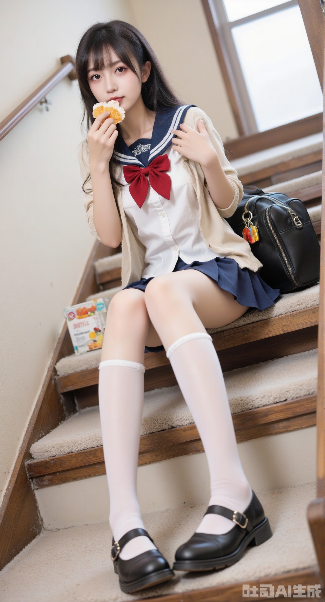 1girl, solo, long hair, looking at viewer, skirt, black hair, sitting, school uniform, pleated skirt, food, shoes, serafuku, socks, bag, black footwear, blue skirt, kneehighs, cardigan, white socks, school bag, stairs, realistic, keychain, sitting on stairs