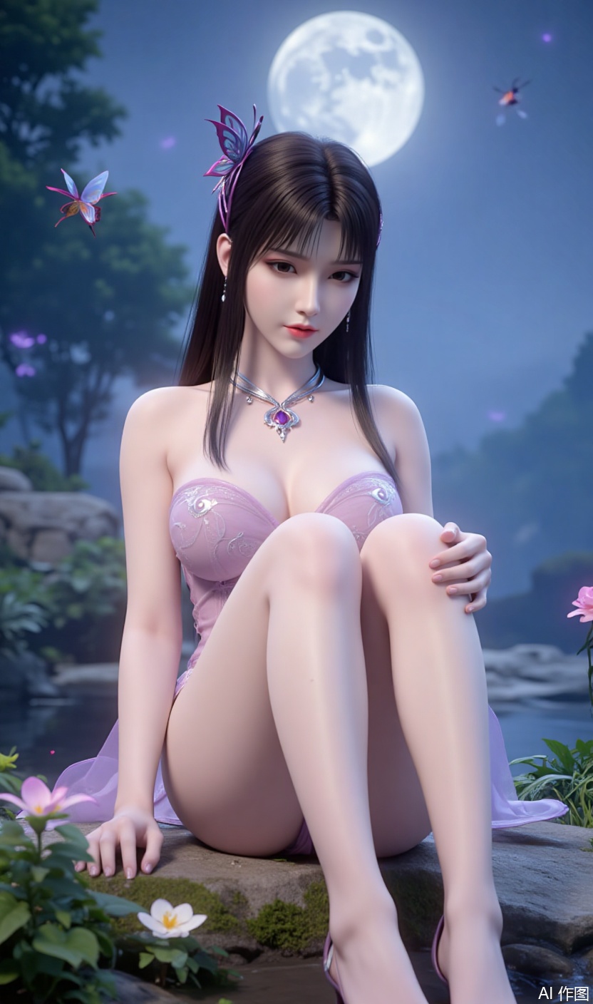 Charming xiaoyixian. Ultra-high-definition wallpaper quality, 8K resolution, master-level image quality, black hair, wearing exquisite hair accessories (including a butterfly-shaped headpiece) and a silver necklace, earrings on her ears. She is wearing a strapless dress, bare-legged, with high heels, showcasing her slender and attractive legs and full chest from a low-angle upward shot. xiaoyixian gazes at the audience, revealing a captivating smile. She is sitting in a natural environment, surrounded by trees, flowers, and water. The background is a night sky with a bright moon hanging high, along with flying insects and butterflies. The overall image has bright colors, especially highlighting the beautiful atmosphere of xiaoyixian interacting with natural elements, emphasizing the leg curves and the artistic beauty of the overall composition.