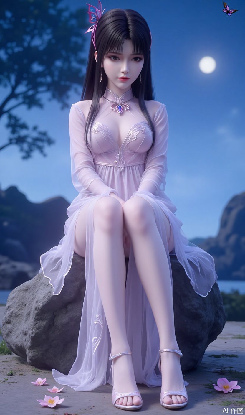 Ultra Clear, Wallpaper, 8K, Masterpiece, Masterpiece, Best Quality, High Quality, Color, Hair Accessories, Extra Long Legs , high-heeled sandals, earrings, black hair, light 1girl,solo, eyes,hair ornament,dress,sitting,full body,flower,sky,water, dress,high heels,tree,bare legs,night,moon,bug,butterfly,night sky,black hair,Tutu Aurora 8D Pantyhose,plns_high heels,embossed high heels,LS,Xhuangnv,wet pantyhose,xyx,xiaoyixian,cy,charming legs,,looking at viewer