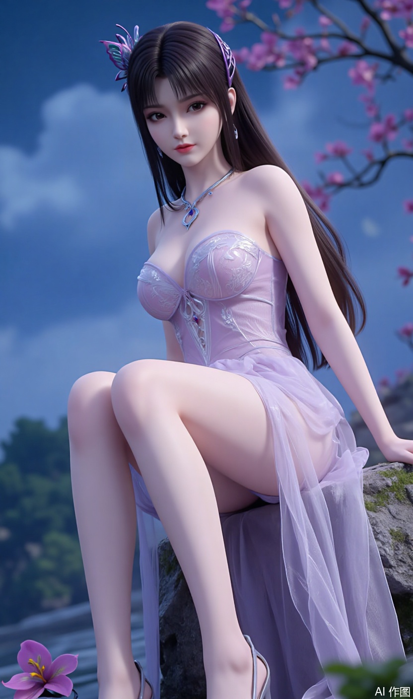 uhd, wallpaper, 8K, masterpiece, best quality, high quality, color, hair accessories, super long legs, , black hair, light color, 1 girl, single, eyes, dress, sitting, full body, flower, sky, water, dress, tree, bare legs, night, moon, bug, butterfly, night sky, black hair, high heels, xiaoyixian, charming beautiful legs, looking directly at the viewer, plump boobs, low angle upward shot,silver necklaces,Butterfly hair ornament,earrings,bare shoulders,Enchanting smile