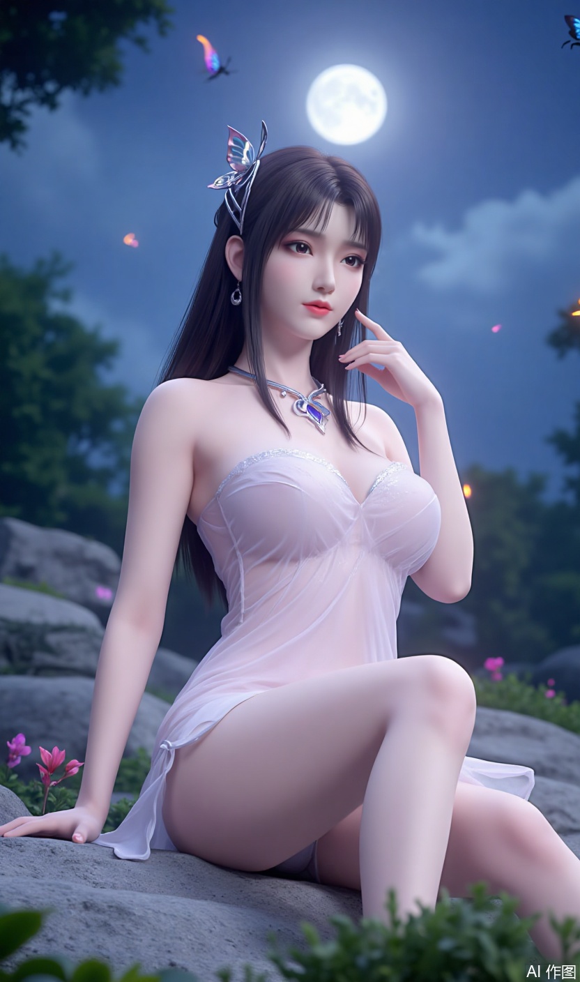 Charming xiaoyixian. Ultra-high-definition wallpaper quality, 8K resolution, master-level image quality, black hair, wearing exquisite hair accessories (including a butterfly-shaped headpiece) and a silver necklace, earrings on her ears. She is wearing a strapless dress, bare-legged, with high heels, showcasing her slender and attractive legs and full chest from a low-angle upward shot. xiaoyixian gazes at the audience, revealing a captivating smile. She is sitting in a natural environment, surrounded by trees, flowers, and water. The background is a night sky with a bright moon hanging high, along with flying insects and butterflies. The overall image has bright colors, especially highlighting the beautiful atmosphere of xiaoyixian interacting with natural elements, emphasizing the leg curves and the artistic beauty of the overall composition.
