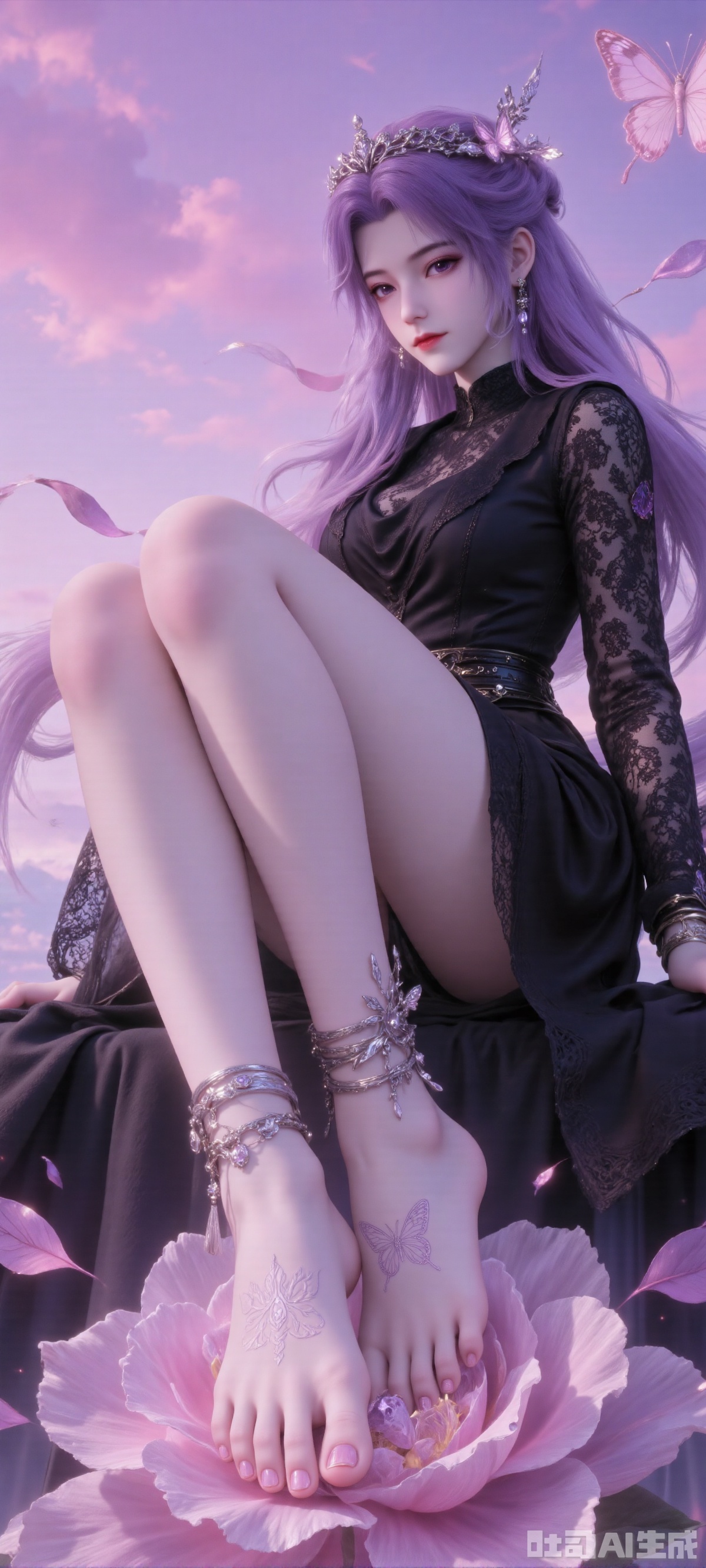 In the photo, a young woman is sitting on a yellow rose bed. She was wearing a black long-sleeved turtleneck lace dress. Her long purple hair curled into loose waves and she wore a flower crown on her head. The woman rested her legs on the bed and her feet on a black blanket. She wore multiple bracelets and rings on her wrist, one of which had a butterfly pattern on her silver bracelet. The background is pink and purple sky and white clouds. The overall atmosphere of the picture is peaceful.