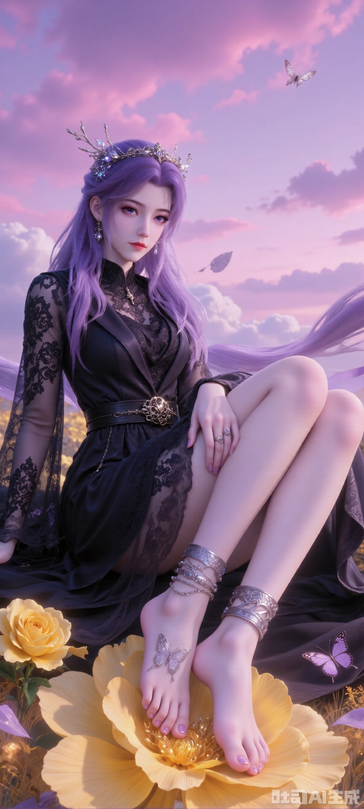 In the photo, a young woman is sitting on a yellow rose bed. She was wearing a black long-sleeved turtleneck lace dress. Her long purple hair curled into loose waves and she wore a flower crown on her head. The woman rested her legs on the bed and her feet on a black blanket. She wore multiple bracelets and rings on her wrist, one of which had a butterfly pattern on her silver bracelet. The background is pink and purple sky and white clouds. The overall atmosphere of the picture is peaceful.