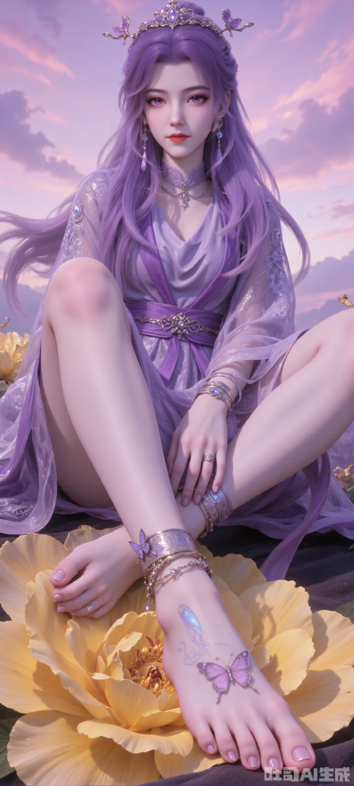 In the photo, a young woman is sitting on a yellow rose bed. She was wearing a purple long-sleeved turtleneck lace dress. Her long purple hair curled into loose waves and she wore a flower crown on her head. The woman put her legs on the bed and her feet on a black blanket. She wore many bracelets and rings on her wrist, one of which had a butterfly pattern on her silver bracelet. The background is pink and purple sky and white clouds. The overall atmosphere of this painting is peaceful.