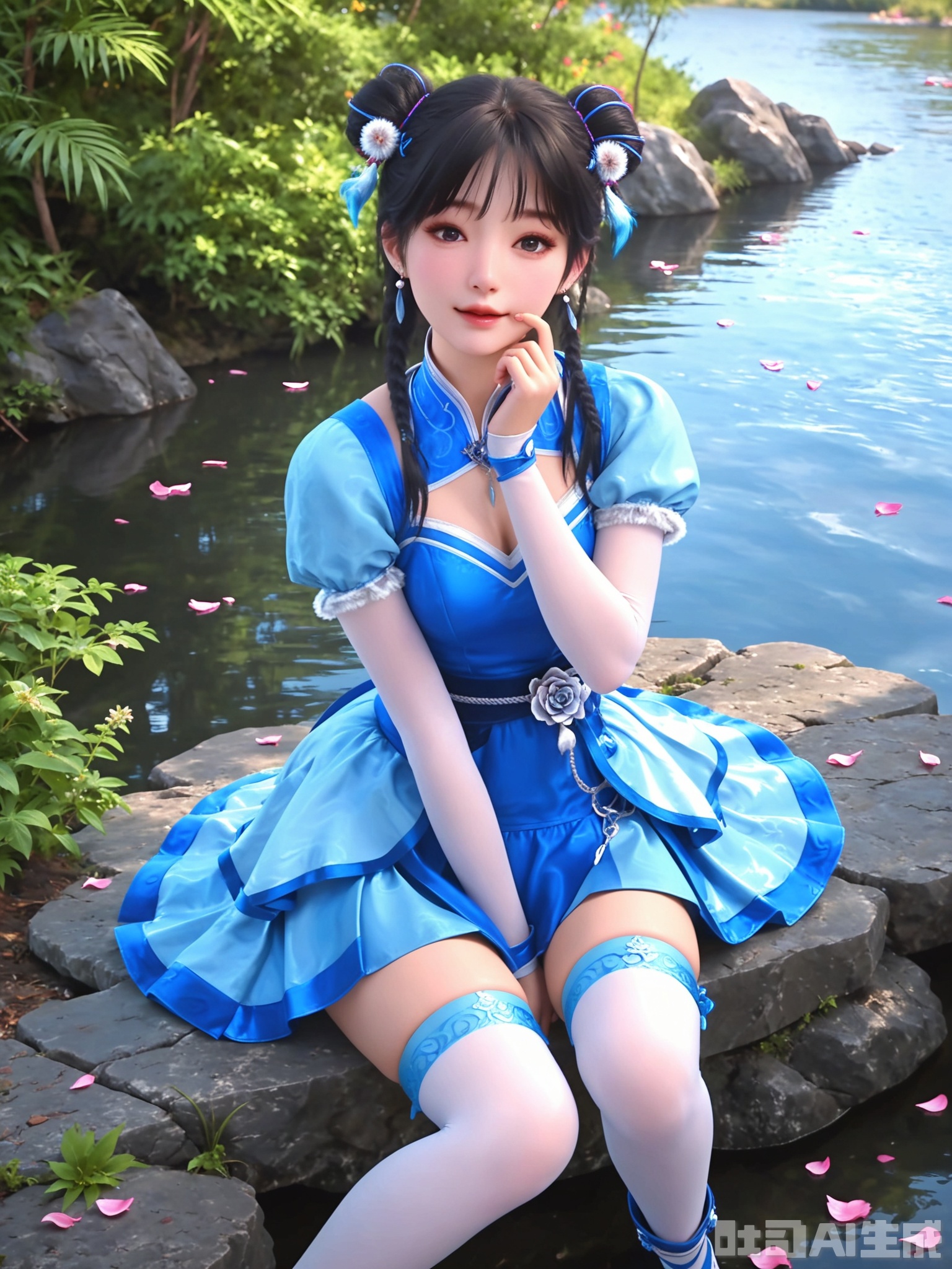 score_9,score_8_up,score_7_up,1girl,looking_at_viewer,realistic,1girl,Vivid Colors,bright environment,delicate water,hair_ornament,shiny skin,reflection,dress,flower sea,falling petals,extreme detail description,(upper body:0.8),put one hand on your side,long_hair,(skindentation:1.3),bright,sunshine on face,light,dress,sitting_down,eyes highlight,thighhighs,petals,
