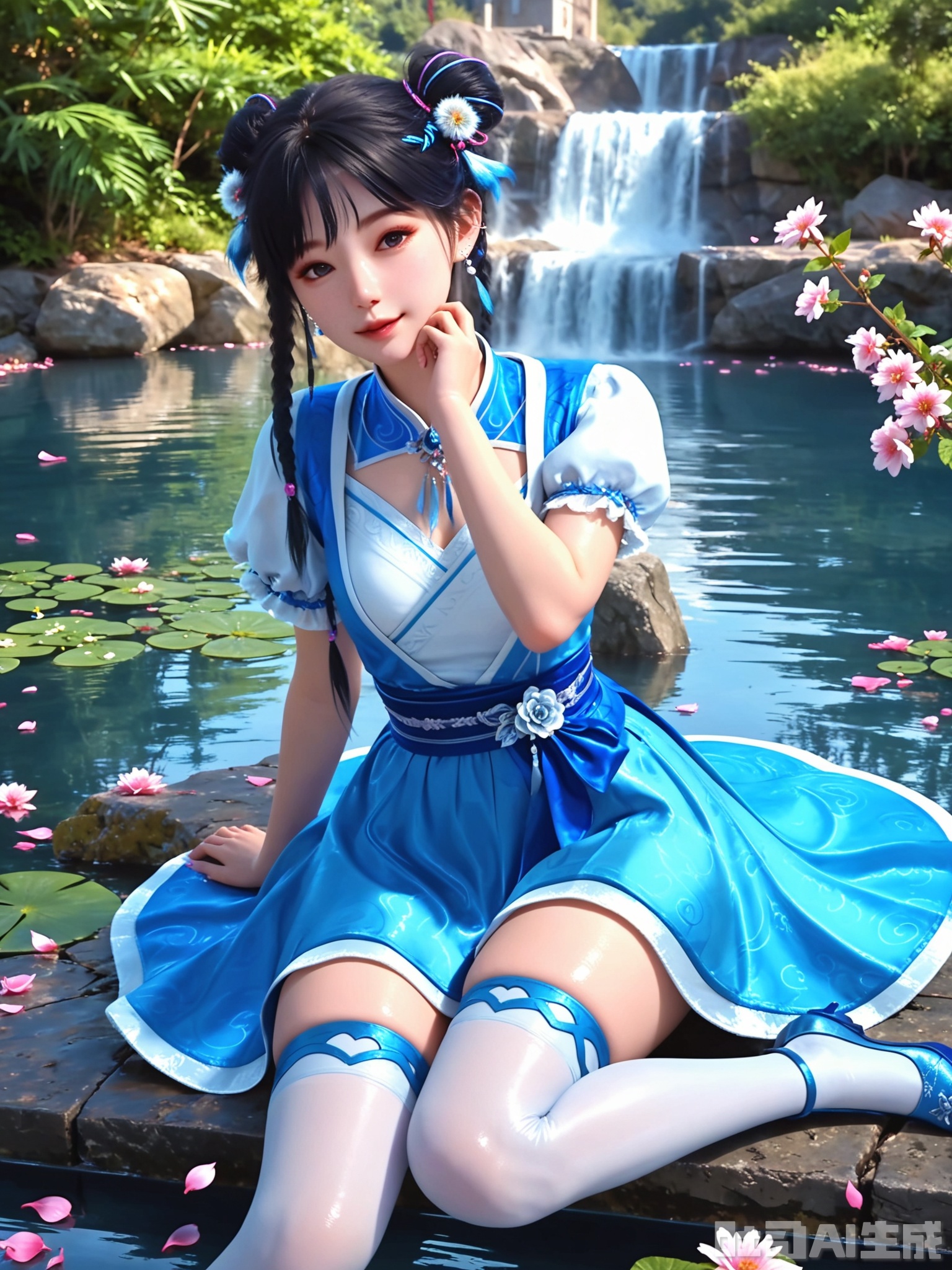 score_9,score_8_up,score_7_up,1girl,looking_at_viewer,realistic,1girl,Vivid Colors,bright environment,delicate water,hair_ornament,shiny skin,reflection,dress,flower sea,falling petals,extreme detail description,(upper body:0.8),put one hand on your side,long_hair,(skindentation:1.3),bright,sunshine on face,light,dress,sitting_down,eyes highlight,thighhighs,petals,