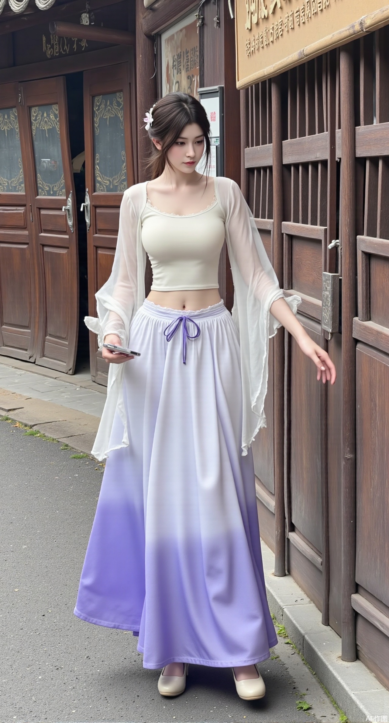 (masterpiece, best quality:1.2),Ivory cropped hanfu top & gradient horse-face skirt, embroidered shoes. Checks fan in ancient street, phone upward shot shows bust darts. Wooden sign contrasts with skirt's purple-blue gradient, tile shadows on hem..(huge breasts:2.99),(full breasts:2.99),Xzisehanfu,XluxueqiXY,Xinsstyle,Xhefuyuyi,Xtixugirl,Xgechuanguangchong,HD photography