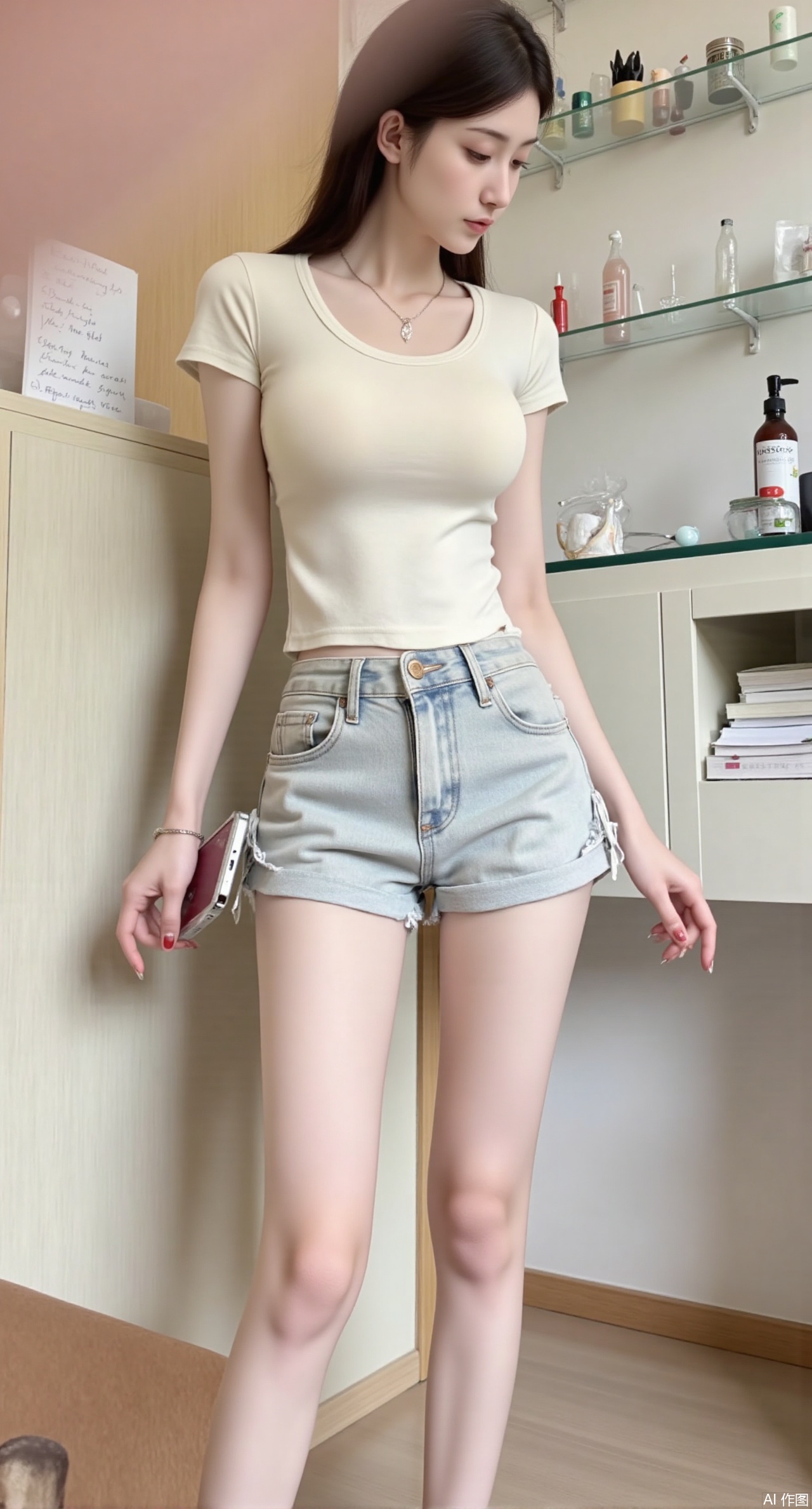 (masterpiece, best quality:1.2),Cream crewneck tee & light gray athletic shorts, side slits. Naps on desk, phone diagonal shot shows neckline stretch. Silver clavicle chain peeks, cicadas and faded denim evoke summer laziness.(huge breasts:2.99),(full breasts:2.99),Xzisehanfu,XluxueqiXY,Xinsstyle,Xhefuyuyi,Xtixugirl,Xgechuanguangchong,HD photography