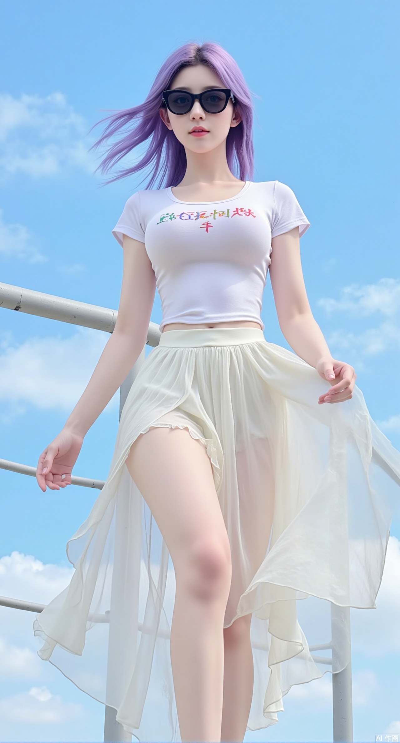 (masterpiece, best quality:1.2),A beautiful woman with short purple hair, floating hair, dynamic character, long t-shirt,legs,blue sky,sunglasses.(huge breasts:2.99),(full breasts:2.99),Xzisehanfu,XluxueqiXY,Xinsstyle,Xhefuyuyi,Xtixugirl,Xgechuanguangchong