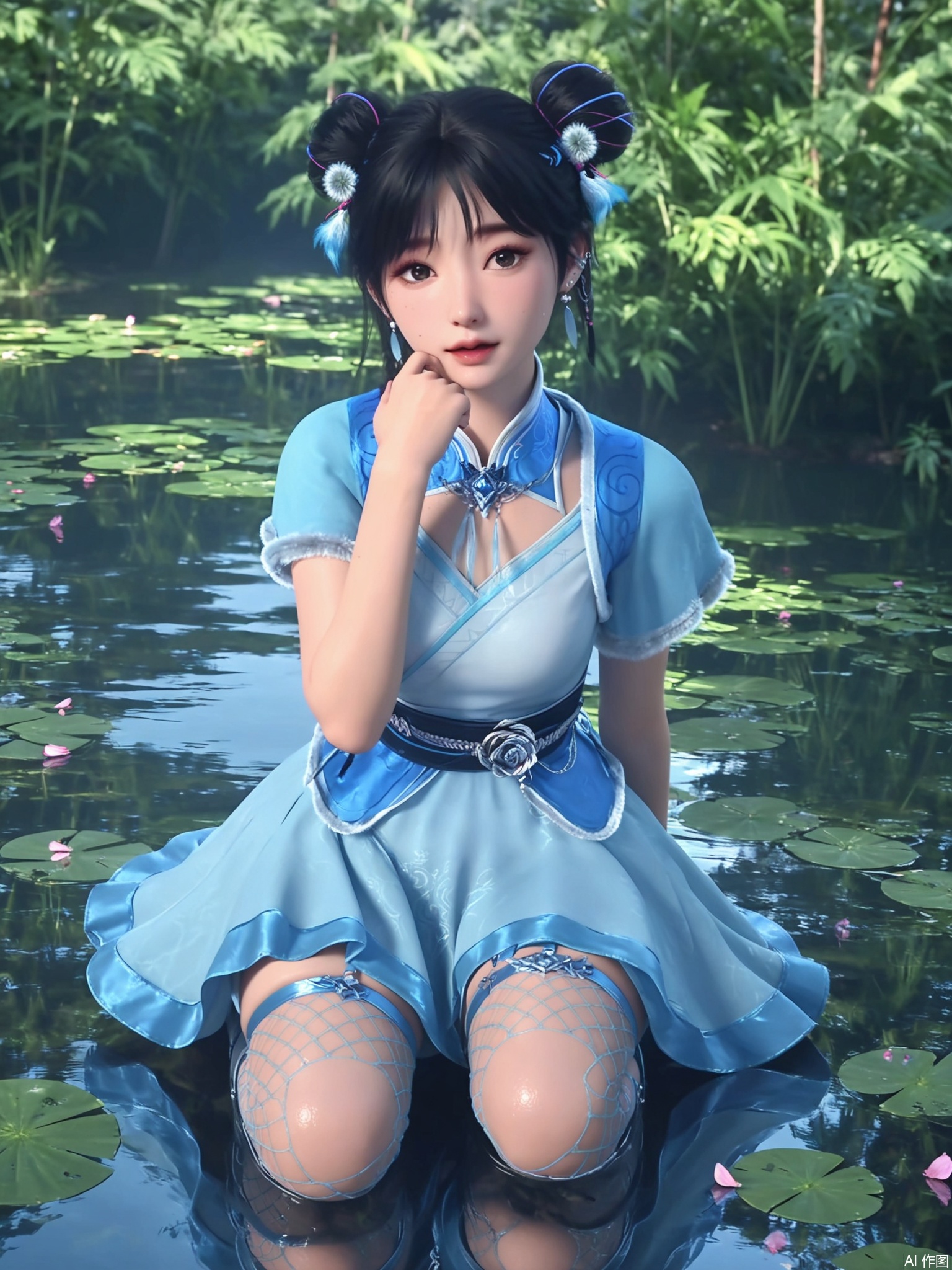 score_9,score_8_up,score_7_up,realistic,photorealistic,1girl,looking_at_viewer,realistic,1girl,Vivid Colors,bright environment,delicate water,hair_ornament,shiny skin,shiny hair,reflection,dress,flower sea,falling petals,extreme detail description,(upper body:0.3),put one hand on your side,long_hair,(skindentation:1.3),Fishnet stockings,bright,sunshine on face,light,sweating,dress,light,sitting_down,