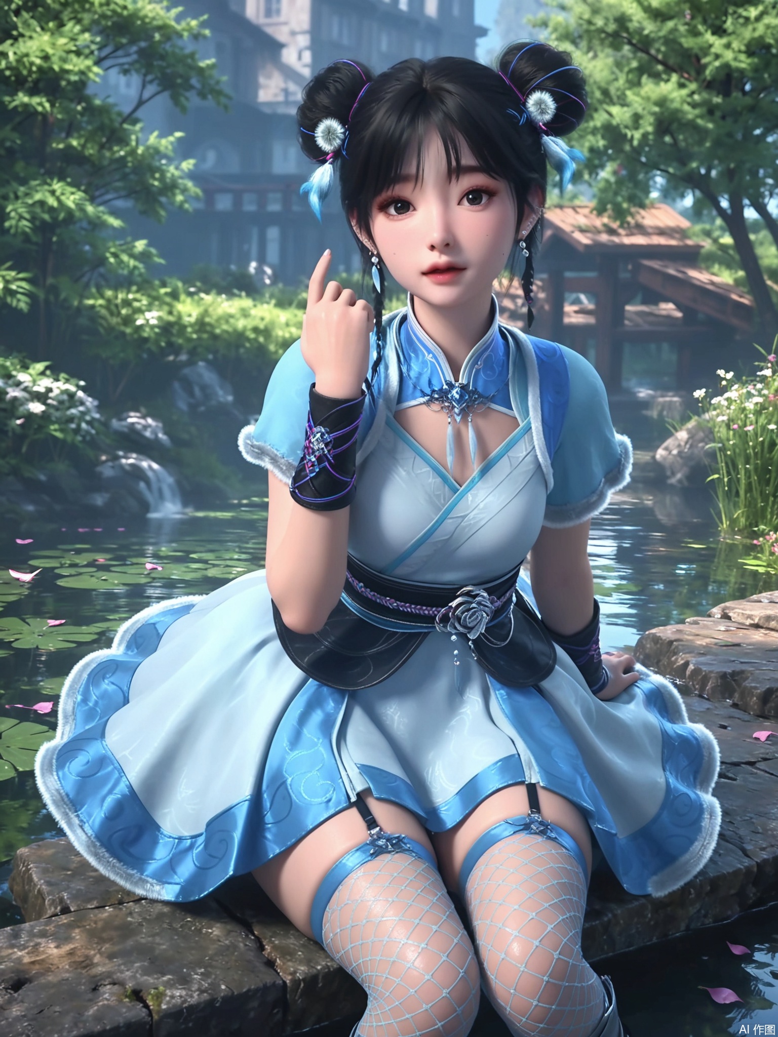 score_9,score_8_up,score_7_up,1girl,looking_at_viewer,realistic,1girl,Vivid Colors,bright environment,delicate water,hair_ornament,shiny skin,shiny hair,reflection,dress,flower sea,falling petals,extreme detail description,(upper body:0.3),put one hand on your side,long_hair,(skindentation:1.3),Fishnet stockings,bright,sunshine on face,light,sweating,dress,light,sitting_down,