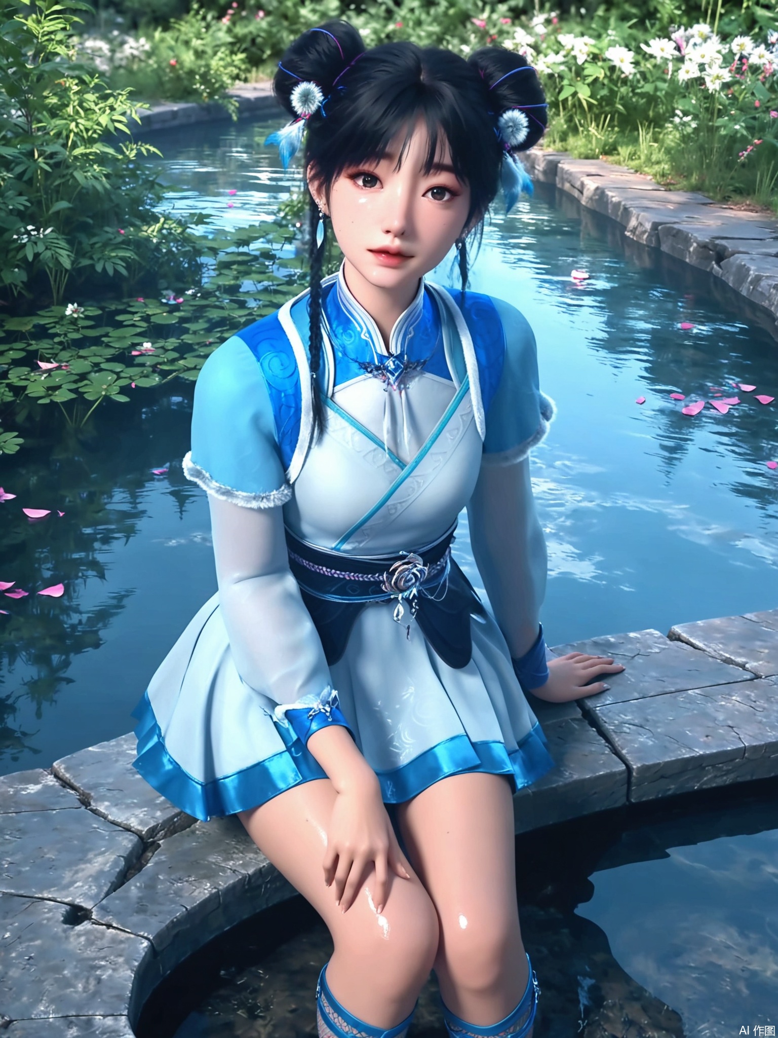 score_9,score_8_up,score_7_up,realistic,photorealistic,1girl,looking_at_viewer,realistic,1girl,Vivid Colors,bright environment,delicate water,hair_ornament,shiny skin,shiny hair,reflection,dress,flower sea,falling petals,extreme detail description,(upper body:0.3),put one hand on your side,long_hair,(skindentation:1.3),Fishnet stockings,bright,sunshine on face,light,sweating,dress,light,sitting_down,
