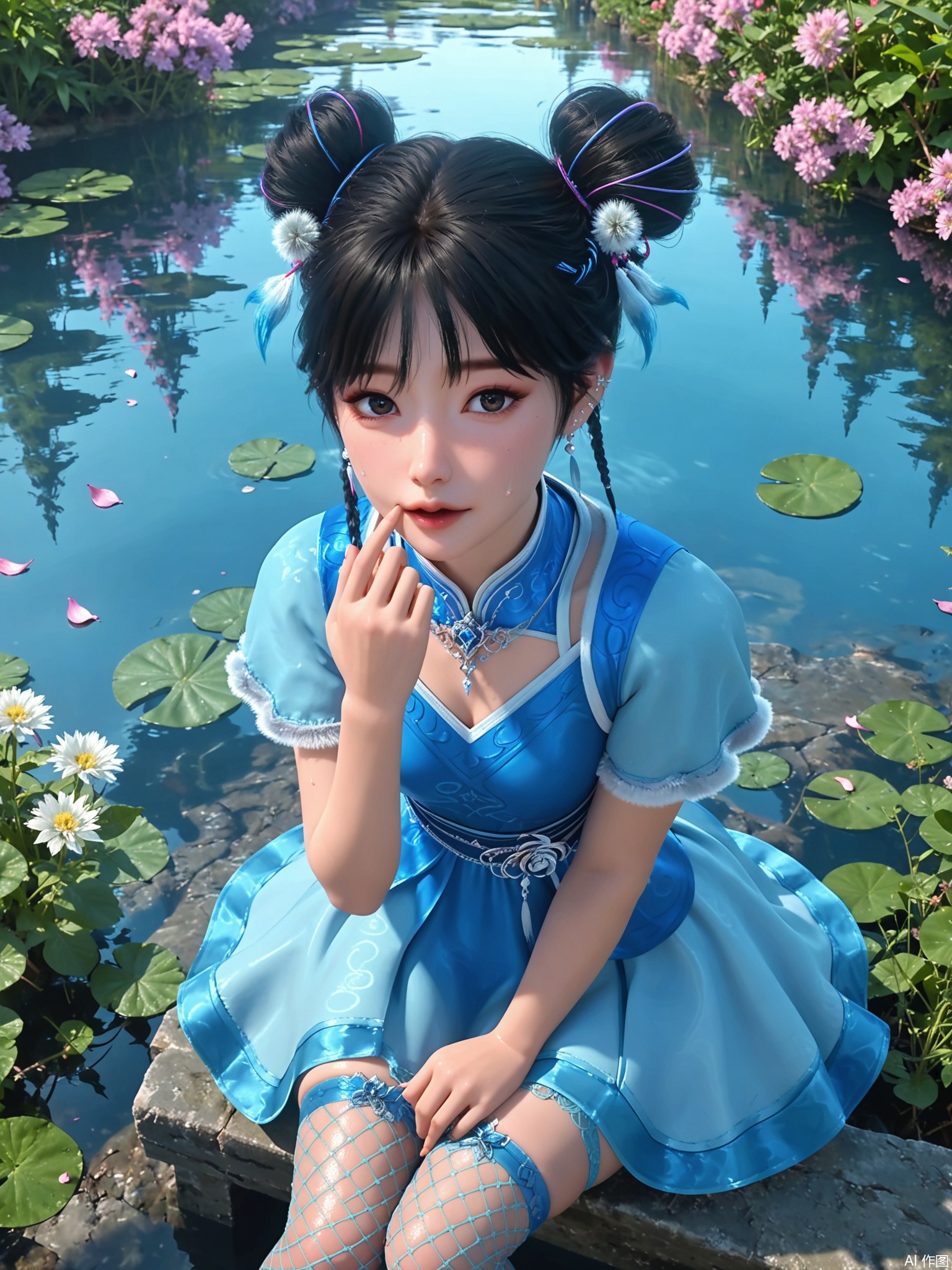 score_9,score_8_up,score_7_up,1girl,looking_at_viewer,realistic,1girl,Vivid Colors,bright environment,delicate water,hair_ornament,shiny skin,shiny hair,reflection,dress,flower sea,falling petals,extreme detail description,(upper body:0.3),put one hand on your side,long_hair,(skindentation:1.3),Fishnet stockings,bright,sunshine on face,light,sweating,dress,light,sitting_down,