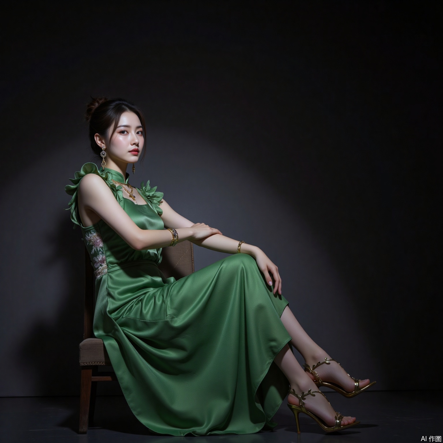 black hair,hair_bun,grey eyes,fair skin,jewelry,earrings,necklace, 1girl,solo,green shirt,sleeveless,skirt,shirt,green skirt,sleeveless shirt,chinese clothes,long skirt,bracelet,couch,sitting,jewelry,crossed arms,china dress,high_heels,black_background,cover,gradient background,close-up details,outstanding style,adding a touch of dimension to your images without compromising details,
lvjing,long legs,pifu,high heels