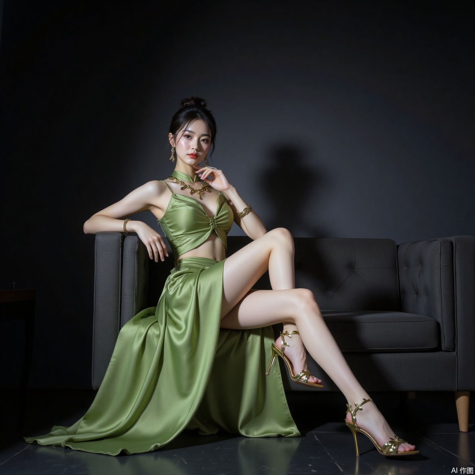 black hair,hair_bun,grey eyes,fair skin,jewelry,earrings,necklace, 1girl,solo,green shirt,sleeveless,skirt,shirt,green skirt,sleeveless shirt,chinese clothes,long skirt,bracelet,couch,sitting,jewelry,crossed arms,china dress,high_heels,black_background,cover,gradient background,close-up details,outstanding style,adding a touch of dimension to your images without compromising details,
lvjing,long legs,pifu,high heels