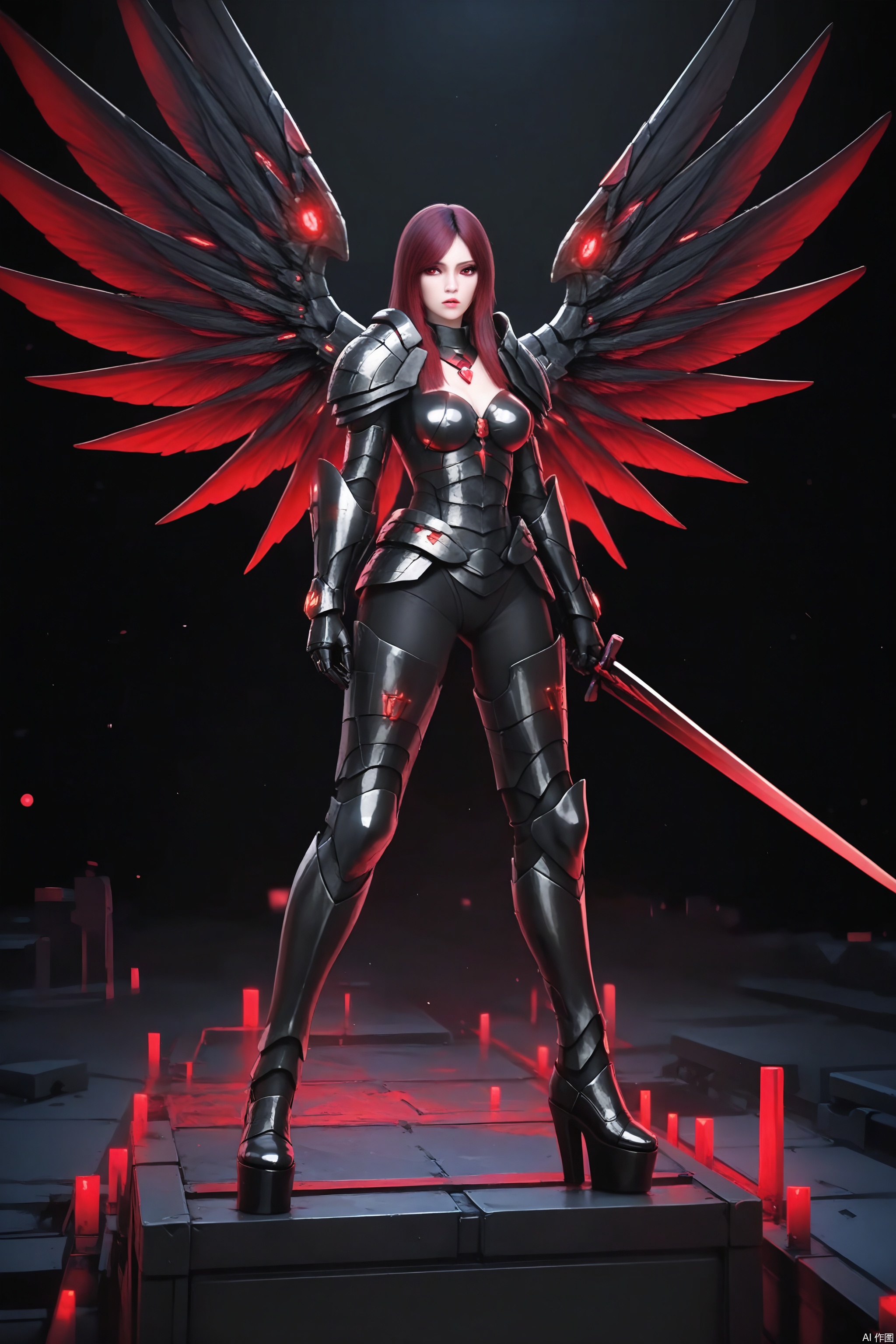 a female warrior is standing on a platform in a dark space. She is dressed in a metallic armor

adorned with a red necklace and black boots. Her hair is a vibrant shade of red

adding a pop of color to the scene. Her wings are spread out across her body

adding depth to the composition. She's holding a sword in her right hand

ready to strike. The wings are adorned with red lights

creating a striking contrast against the dark background.