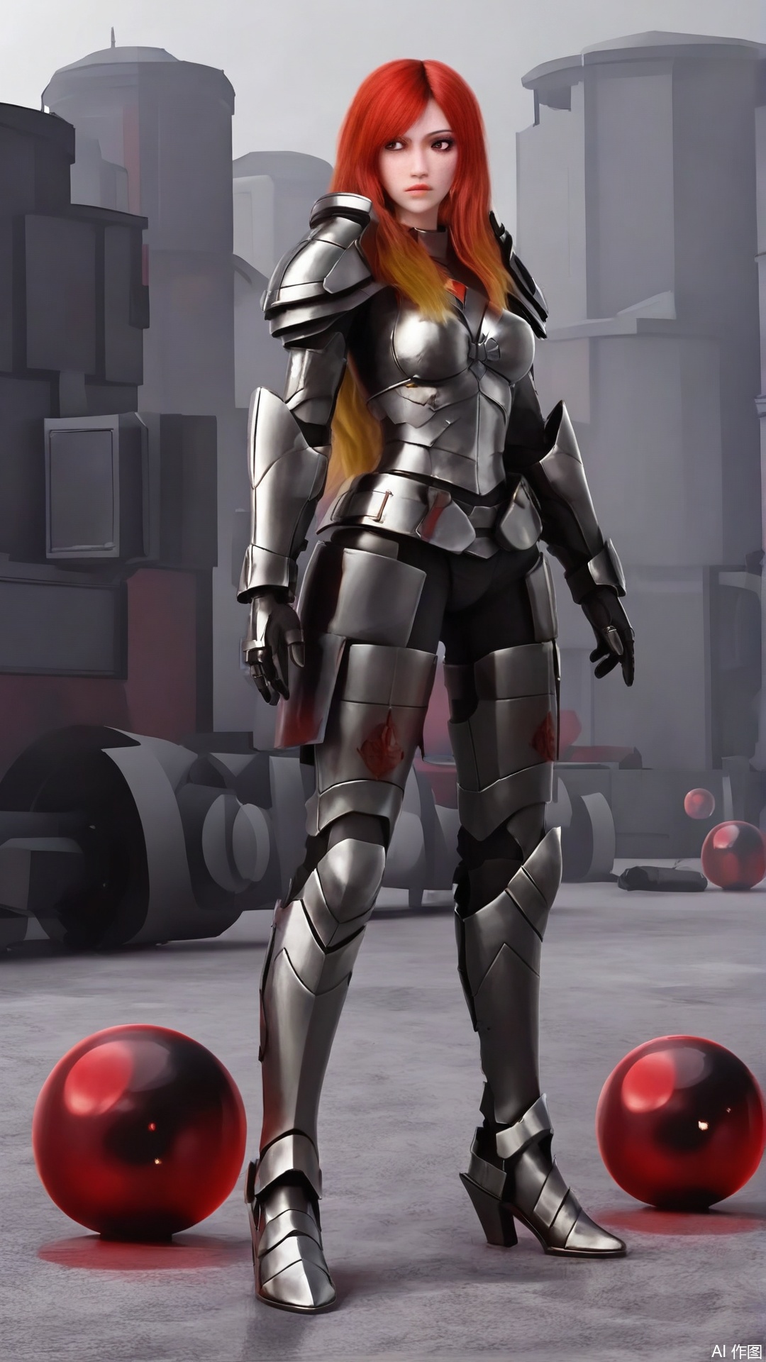 a vibrant red-haired woman stands in a stark contrast of black and silver armor. She is flanked by two large metal objects    each with a unique design    adding a pop of color to the scene. The woman's body is adorned with a silver necklace    adorned with red circles    and her long    wavy blonde hair cascades down her back. Her left hand is positioned in front of her    while her right hand is resting on her hip. To the right of the woman    another woman    dressed in a metallic armor    stands with her arms outstretched. The scene is set against a backdrop of red and gray buildings    creating a striking contrast.       