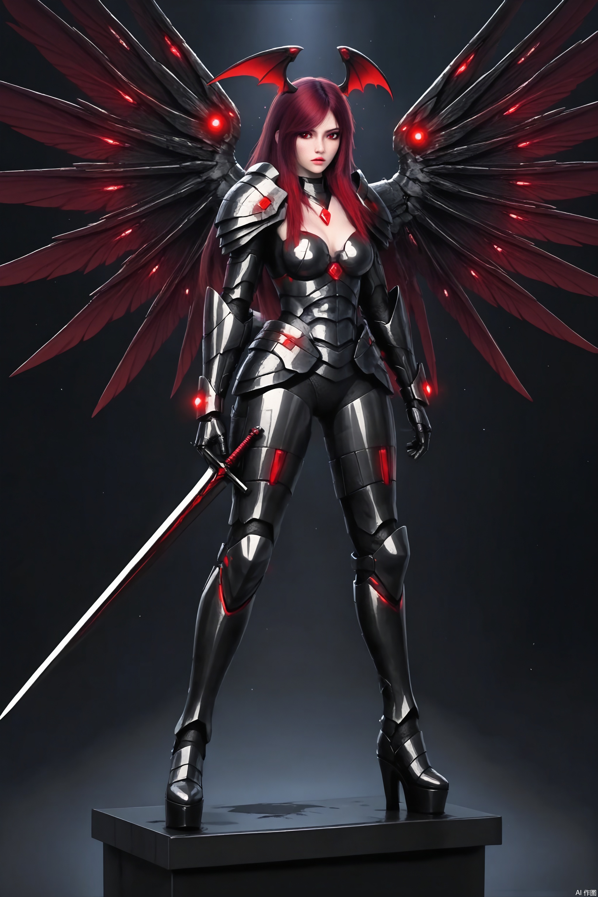 a female warrior is standing on a platform in a dark space. She is dressed in a metallic armor

adorned with a red necklace and black boots. Her hair is a vibrant shade of red

adding a pop of color to the scene. Her wings are spread out across her body

adding depth to the composition. She's holding a sword in her right hand

ready to strike. The wings are adorned with red lights

creating a striking contrast against the dark background.