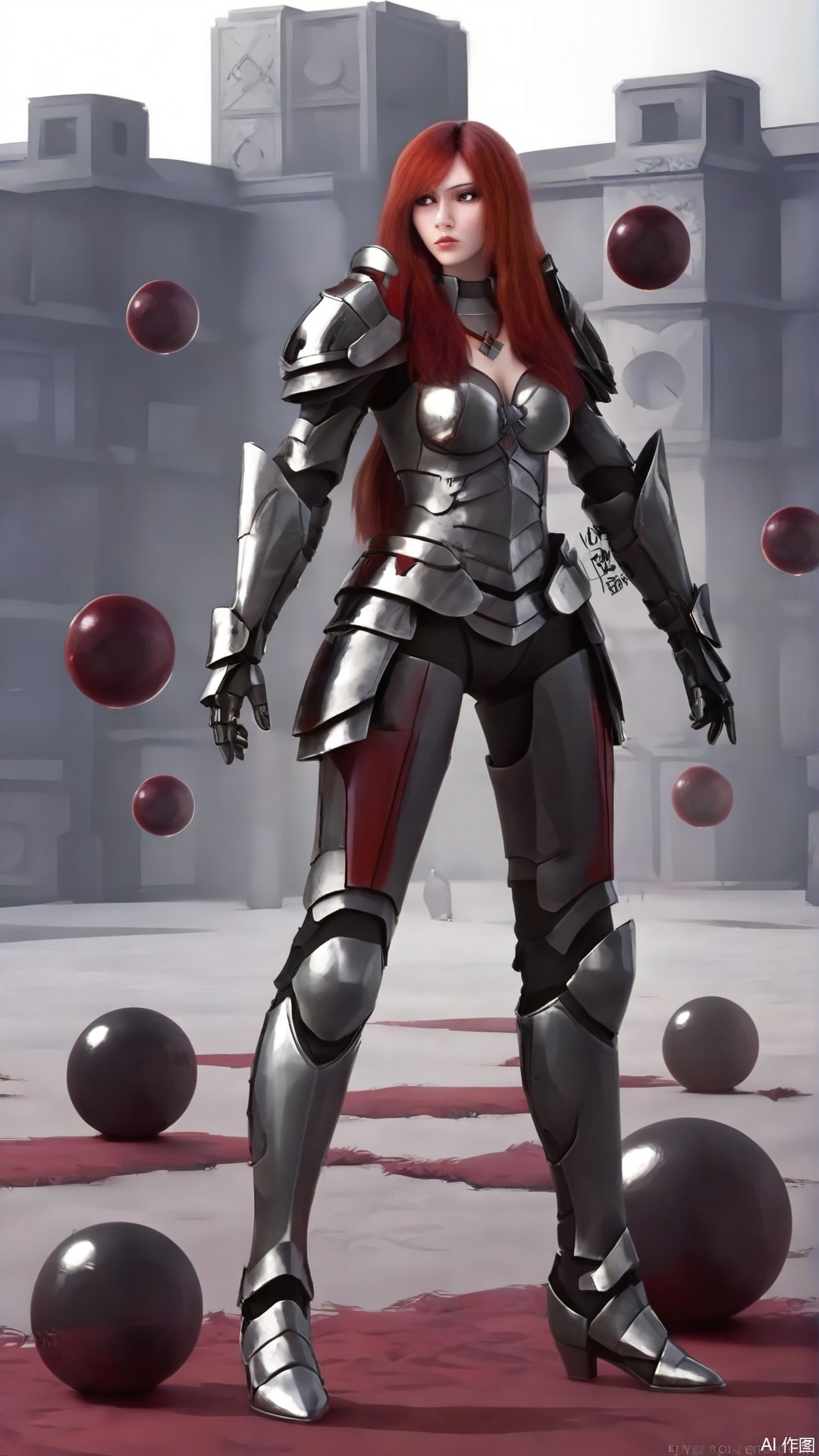 a vibrant red-haired woman stands in a stark contrast of black and silver armor. She is flanked by two large metal objects    each with a unique design    adding a pop of color to the scene. The woman's body is adorned with a silver necklace    adorned with red circles    and her long    wavy blonde hair cascades down her back. Her left hand is positioned in front of her    while her right hand is resting on her hip. To the right of the woman    another woman    dressed in a metallic armor    stands with her arms outstretched. The scene is set against a backdrop of red and gray buildings    creating a striking contrast.       