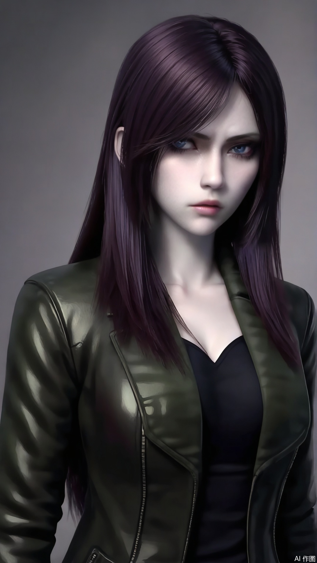 A realistic CGI image of a young woman with long

straight

dark purple hair

wearing a dark green leather jacket over a black top. She has a serious

determined expression

with pale skin and striking blue eyes. The background is a simple gradient of gray tones

focusing attention on her. The lighting is soft

highlighting her features and the texture of her jacket. The style is hyper-realistic

with attention to detail in her hair and clothing. The image has a subtle

moody atmosphere. The woman appears to be in her early twenties.

