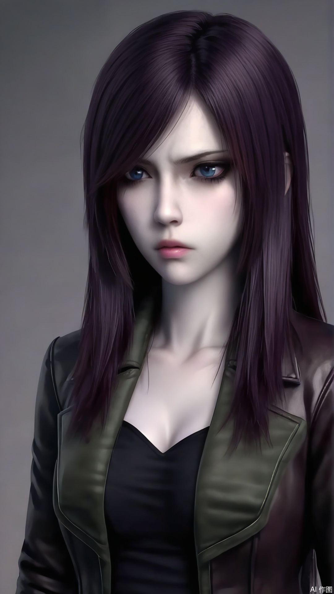 A realistic CGI image of a young woman with long

straight

dark purple hair

wearing a dark green leather jacket over a black top. She has a serious

determined expression

with pale skin and striking blue eyes. The background is a simple gradient of gray tones

focusing attention on her. The lighting is soft

highlighting her features and the texture of her jacket. The style is hyper-realistic

with attention to detail in her hair and clothing. The image has a subtle

moody atmosphere. The woman appears to be in her early twenties.

