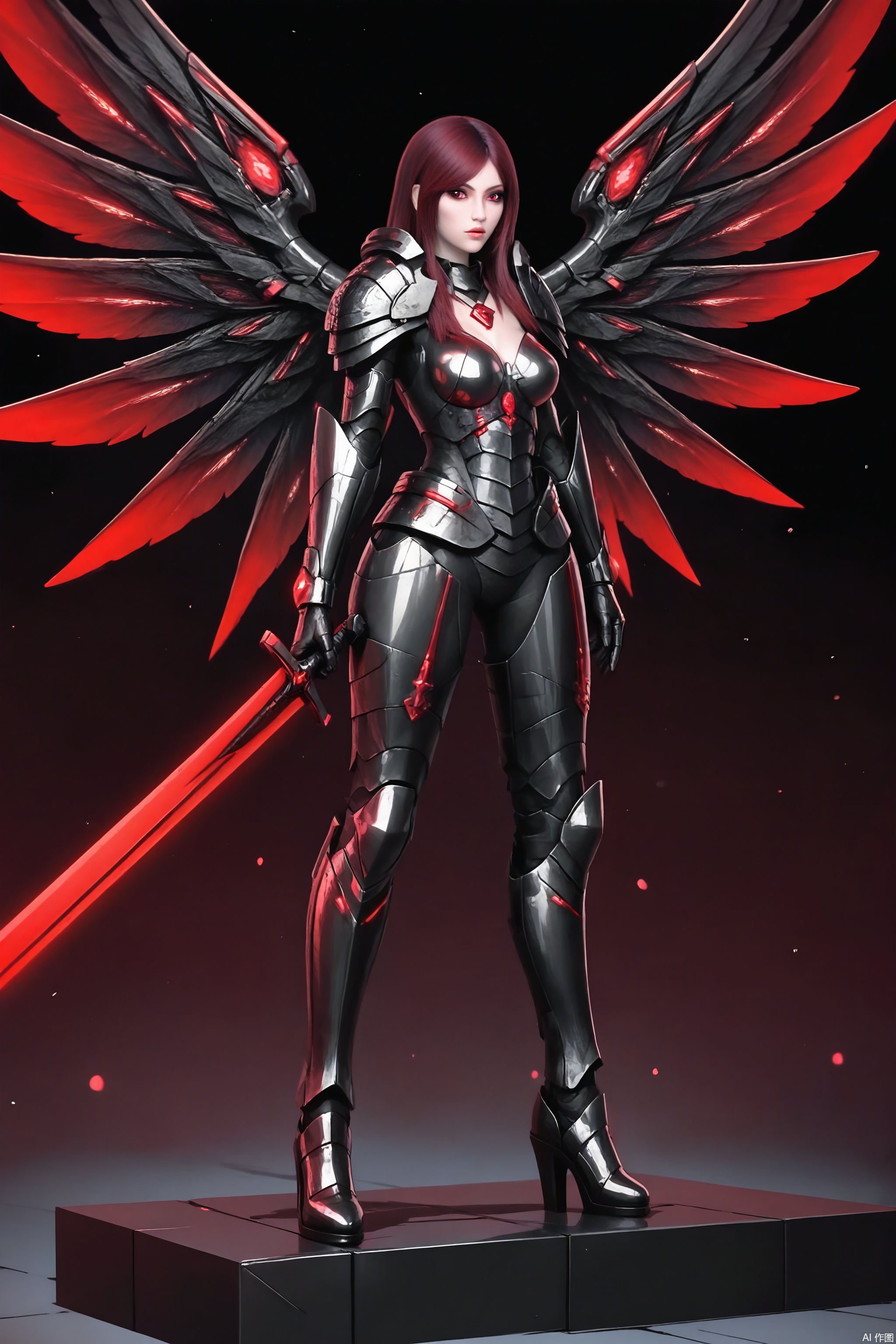 a female warrior is standing on a platform in a dark space. She is dressed in a metallic armor

adorned with a red necklace and black boots. Her hair is a vibrant shade of red

adding a pop of color to the scene. Her wings are spread out across her body

adding depth to the composition. She's holding a sword in her right hand

ready to strike. The wings are adorned with red lights

creating a striking contrast against the dark background.