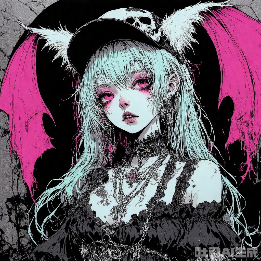qzfp, score_9, score_8_up, score_7_up, 2 commas, 海科登彩, solo girl, gothic fashion, skull pattern, mint hair, pink inner hair color, taunt, perforated, beast pattern, hairy ears, 1cap/(hat/), looking at the audience, high contrast, very sharp, pose, bent knee squat, street background, from above,
