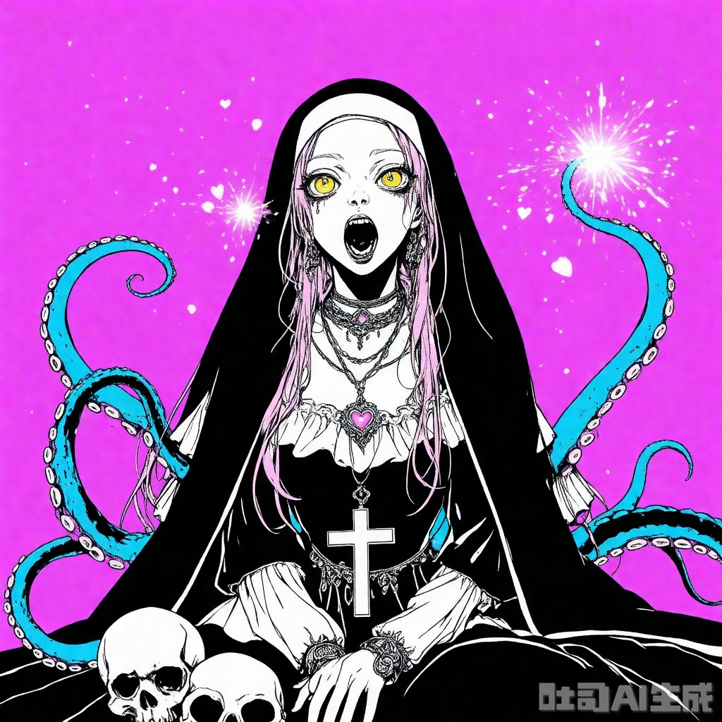 qzfp, Bright colors, High saturation, 1girl, solo, long hair, breasts, looking at viewer, blush, open mouth, long sleeves, jewelry, medium breasts, sitting, yellow eyes, pink hair, heart, teeth, pointy ears, necklace, sparkle, fangs, cross, tentacles, skull, nun, cross necklace,blue-purple, pink,

