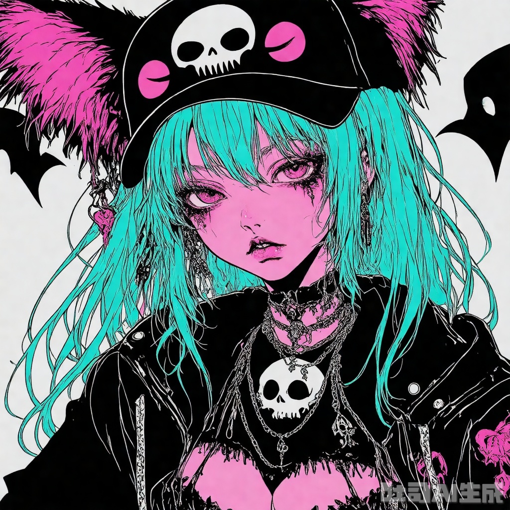 qzfp, score_9, score_8_up, score_7_up, 2 commas, 海科登彩, solo girl, gothic fashion, skull pattern, mint hair, pink inner hair color, taunt, perforated, beast pattern, hairy ears, 1cap/(hat/), looking at the audience, high contrast, very sharp, pose, bent knee squat, street background, from above,
