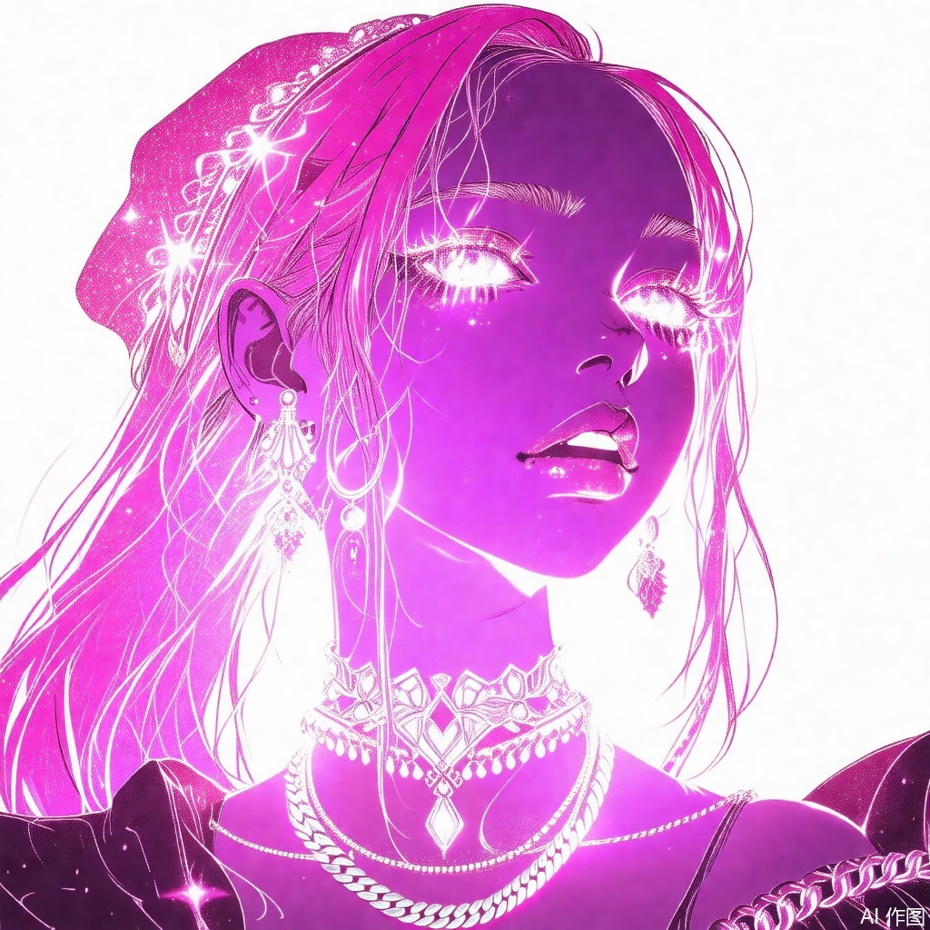 qzfp,1girl,solo,jewelry,necklace,glowing,pink hair,earrings,chain,white background,piercing,portrait,, masterpiece, best quality,