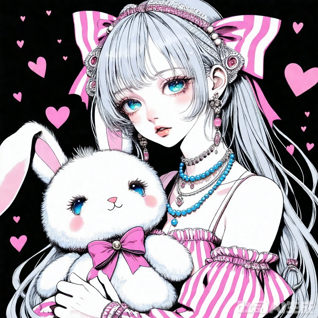 qzfp, 1girl, stuffed toy, stuffed animal, solo, long hair, stuffed bunny, jewelry, hair ornament, bow, earrings, ribbon, holding stuffed toy, blue eyes, grey hair, heart, breasts, looking at viewer, detached sleeves, striped, white background, upper body, holding, blush, beads, pink bow, bangs
