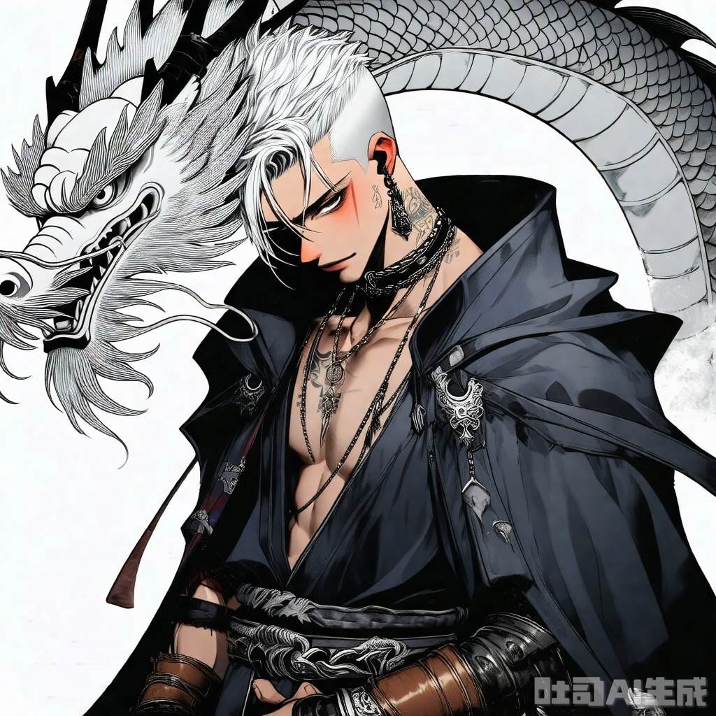 qzfp,choker, 1boy, tattoos, male focus, nose ring, alone, white hair, leather gloves, dragon, edgy, collar up, hair over forehead, shaved head, wielding, scar, brown gloves, bangle, cloak, clip-on earrings, mid body



