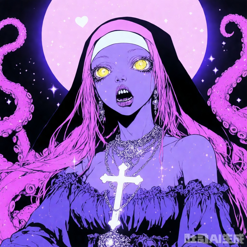 qzfp, Bright colors, High saturation, 1girl, solo, long hair, breasts, looking at viewer, blush, open mouth, long sleeves, jewelry, medium breasts, sitting, yellow eyes, pink hair, heart, teeth, pointy ears, necklace, sparkle, fangs, cross, tentacles, skull, nun, cross necklace,blue-purple, pink,

