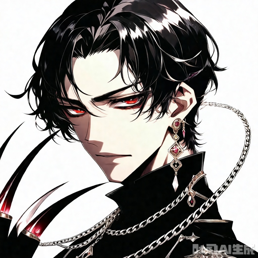 qzfp, 1boy, black hair, male focus, chain, solo, jewelry, earrings, red eyes, cape, short hair, upper body, claws