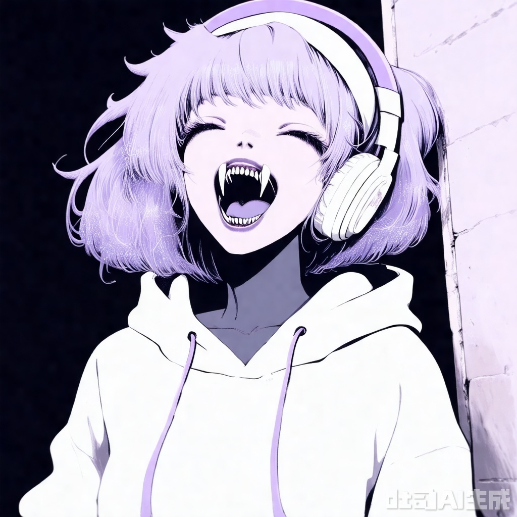 qzfp, Tall girl, lavender hair, short hair, fluffy hair, white loose hooded sweatshirt, with hood, leaning against the wall, smiling happily, opening her mouth, (fangs: 2), pointed teeth, lavender headband earphone

