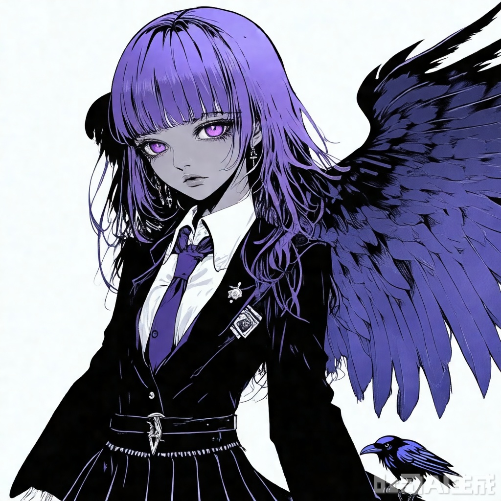 qzfp, Raven,1girl, purple hair, purple eyes, bangs, jk uniform, wings,crow on shoulder


