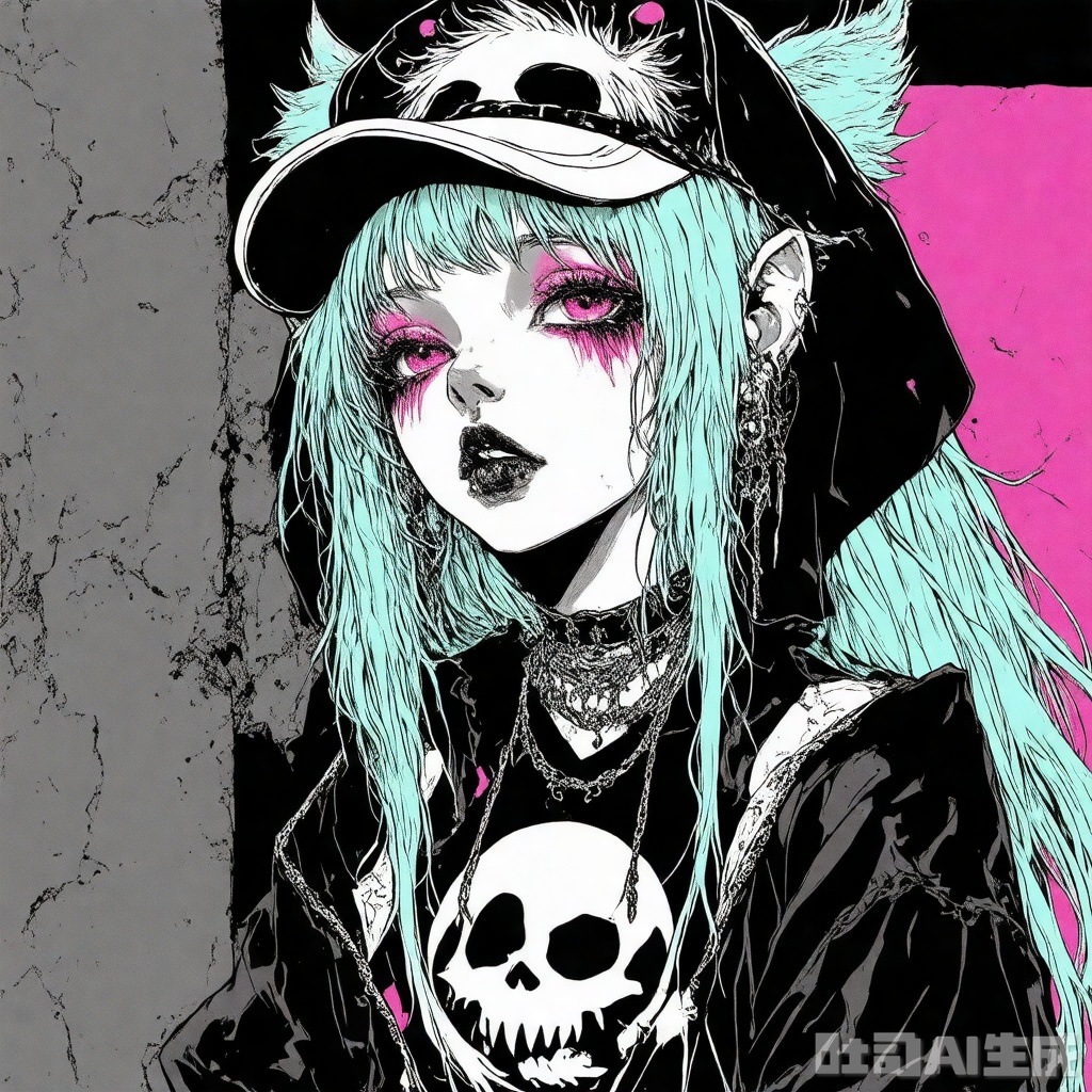 qzfp, score_9, score_8_up, score_7_up, 2 commas, 海科登彩, solo girl, gothic fashion, skull pattern, mint hair, pink inner hair color, taunt, perforated, beast pattern, hairy ears, 1cap/(hat/), looking at the audience, high contrast, very sharp, pose, bent knee squat, street background, from above,
