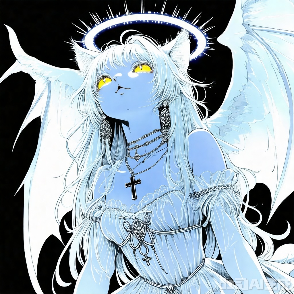qzfp,white hair,yellow eyes,looking up,stockings,long hair,hime cut,messy hair,floating hair,demon wings,halo,cross necklace,holy,divinity,shine,holy light,cat girl,(loli),(petite),solo,hand101,,



