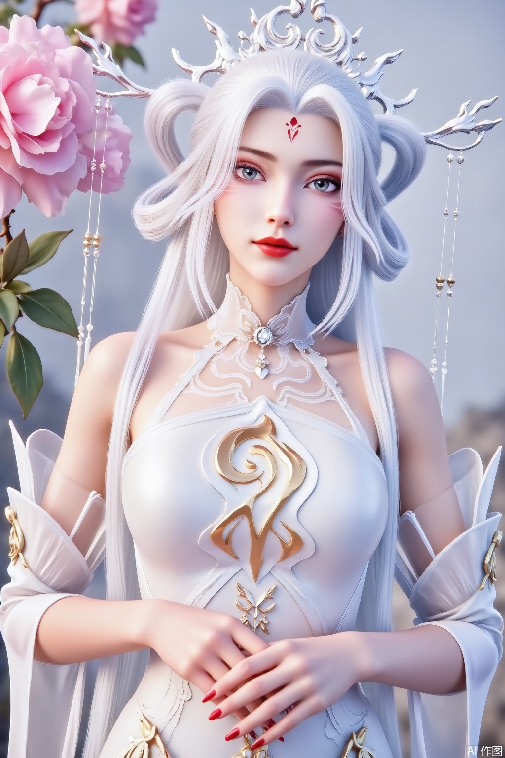 1girl, solo, long hair, looking at viewer, blue eyes, hair ornament, dress, bare shoulders, upper body, flower, white hair, detached sleeves, white dress, red nails, hair rings, forehead mark, red lips,XiaoBai