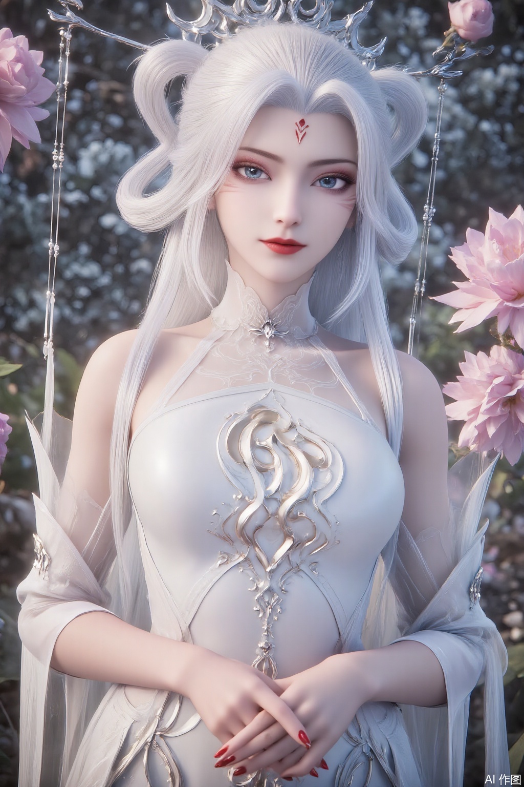 1girl, solo, long hair, looking at viewer, blue eyes, hair ornament, dress, bare shoulders, upper body, flower, white hair, detached sleeves, white dress, red nails, hair rings, forehead mark, red lips,XiaoBai,guoman