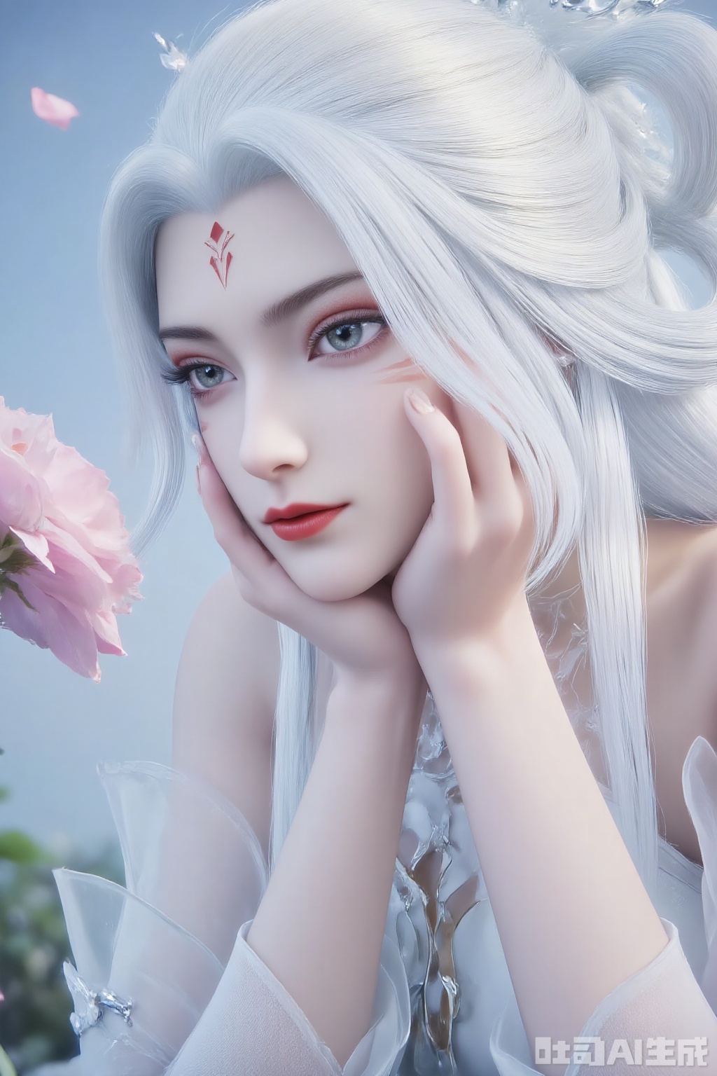1girl, solo, long hair, looking at viewer, upper body, white hair, detached sleeves, lips, grey eyes, makeup, facial mark, head rest, forehead mark, red lips, blinds,guoman,XiaoBai